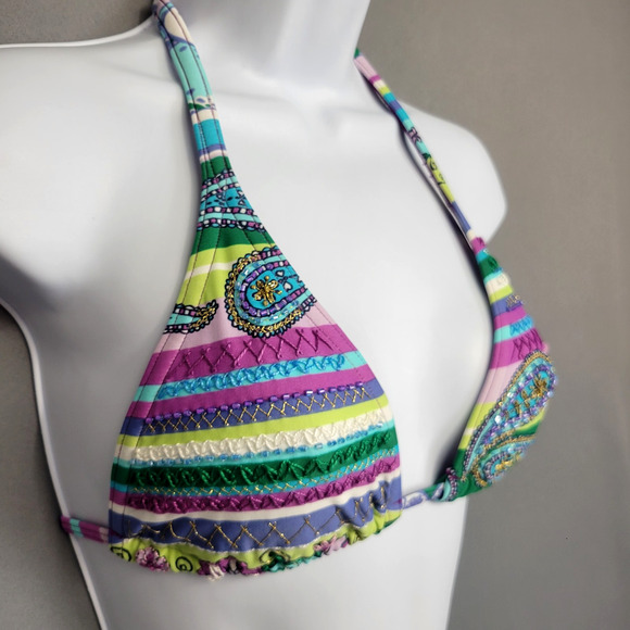 Cia Maritima Floral Bikini Top Womens Medium Embroidered Beaded Stripe Swimwear - Picture 6 of 12